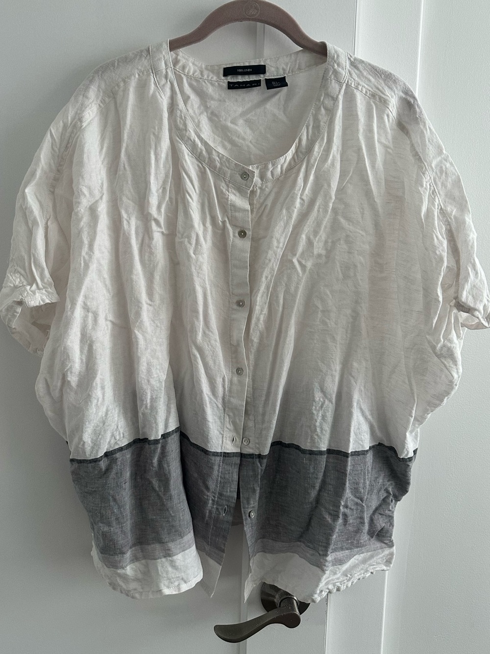 Tahari Oversized LinenTwo-Tone Button-Front Casual Shirt - White and Gray
